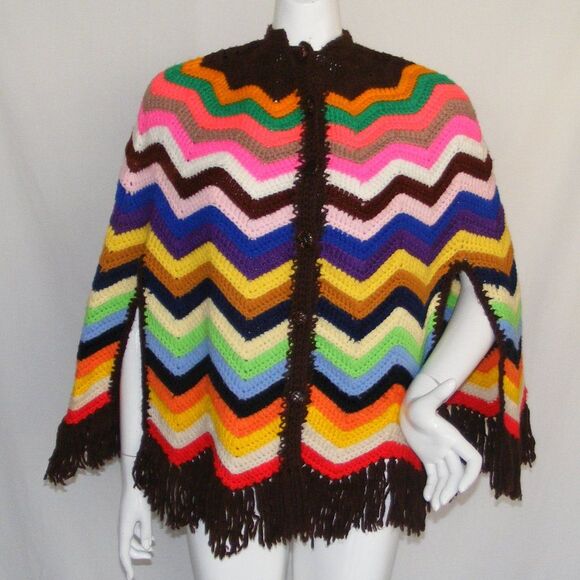 Handmade Vintage Cape, OS, Multicolor, Fringe, Button front, Arm vents, Chevrons - Picture 9 of 9